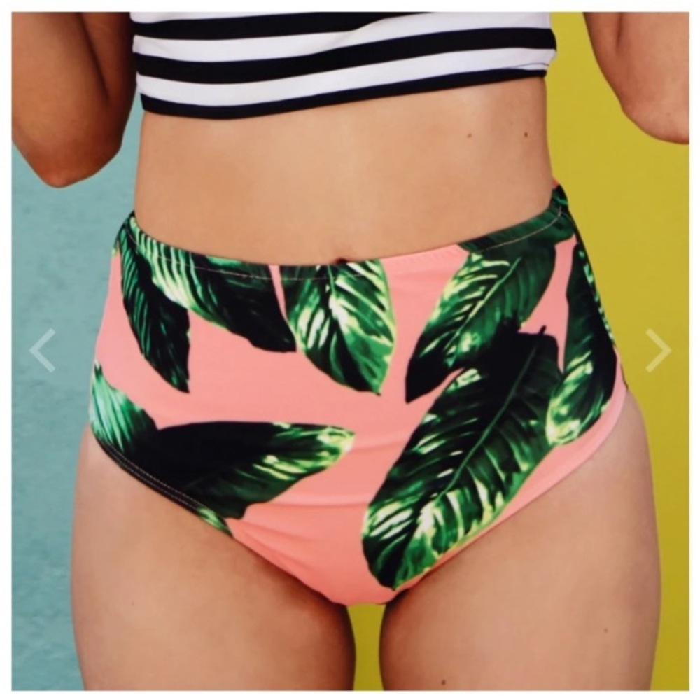 Retro high waist tropical leaf print bikini bottoms in pink coral green black